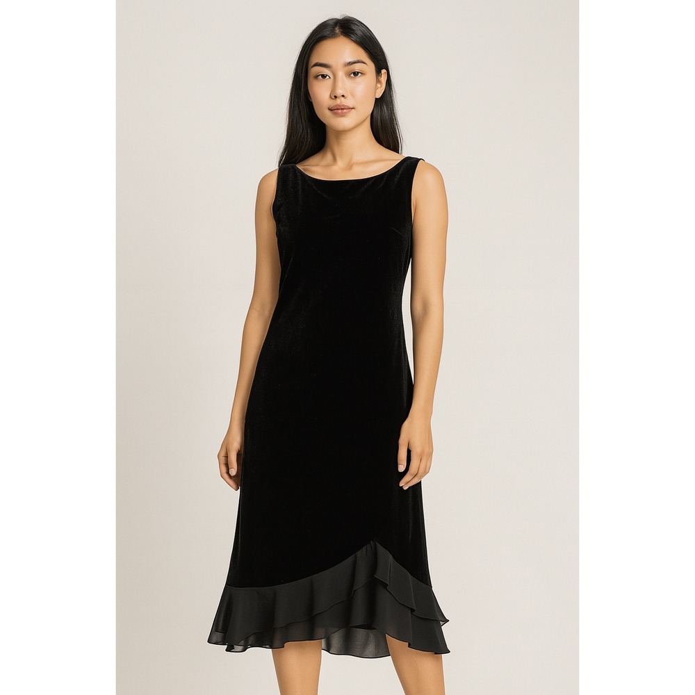 Donna Ricco Black Velvet‎ Maxi Dress Sz 8 Glam Ruffle Party Y2K Dark Romantic